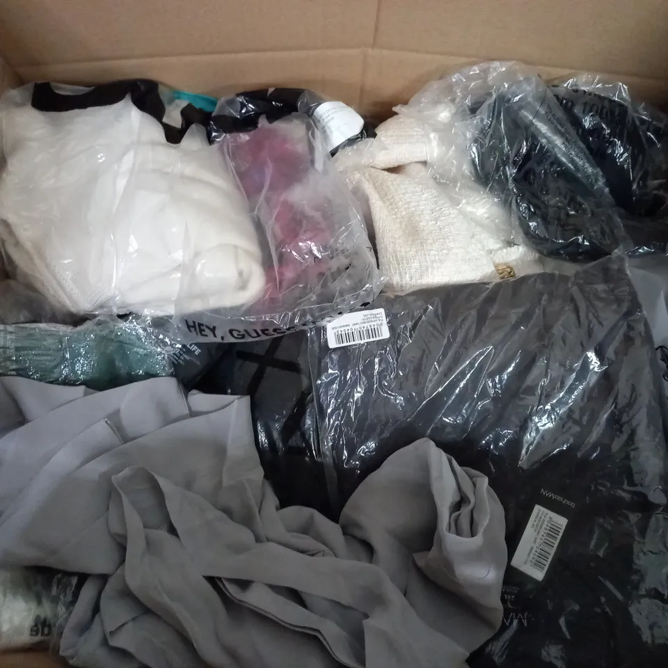 BOX OF ASSORTED CLOTHING ITEMS TOO INCLUDE JUMPERS, SHIRTS AND TROUSERS IN VARIOUS SIZES AND COLOURS   