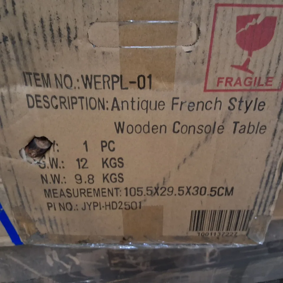 PALLET OF ASSORTED FLAT PACK FURNITURE PARTS TO INCLUDE METAL BED FRAME, WOODEN CONSOLE TABLE ANDBASIN