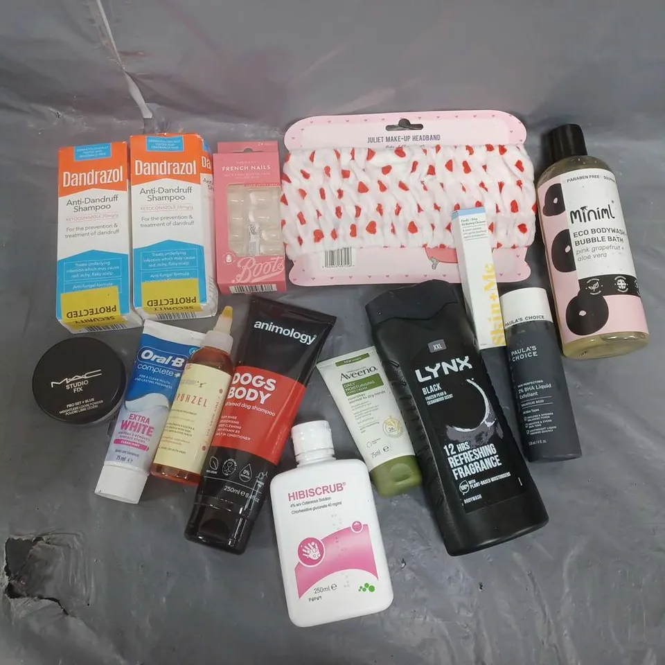 BOX OF APPROXIMATELY 12 ASSORTED COSMETIC ITEMS TO INCLUDE -LYNX - ANIMOLOGY - AVEENO HAND CREAM ETC.