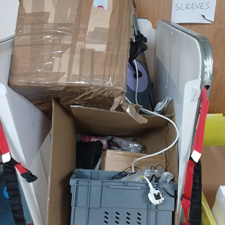 CAGE OF ASSORTED ITEMS TO INCLUDE EXERCISE BIKE(PARTS MISSING), SHOES AND DECORATIVE ORNEMENTS - COLLECTION ONLY 
