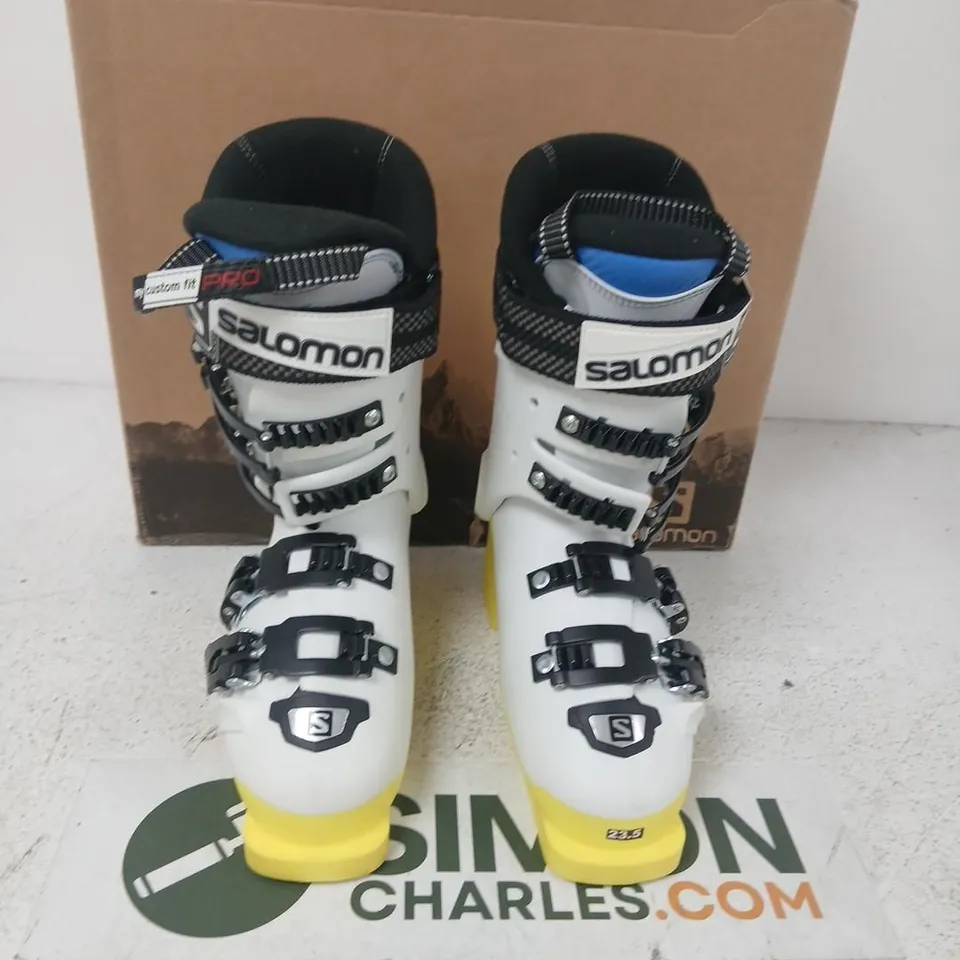 SALOMON X MAX LC 100 SKI BOOTS – SIZE 23.5 (WHITE WITH YELLOW)