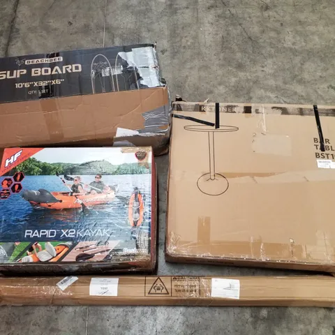 PALLET OF ASSORTED PRODUCTS INCLUDING BAR TABLE, CLOTH HANGING SHELVES, INFLATABLE KAYAK, INFLATABLE SUP BOARD