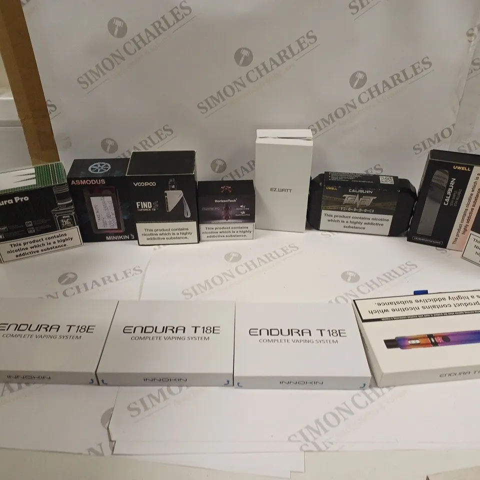 LOT OF APPROXIMATELY 20 E-CIGARETTES TO INCLUDE ENDURA T18E, GEEKVAPE 1FC, AND CALIBURN A2 POD ETC. 