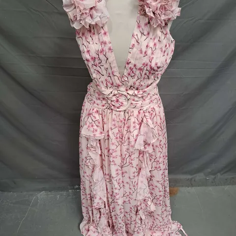 ANNE LOUISE BOUTIQUE BACKLESS RUFFLE DRESS IN PINK CHERRY BLOSSOM SIZE 14