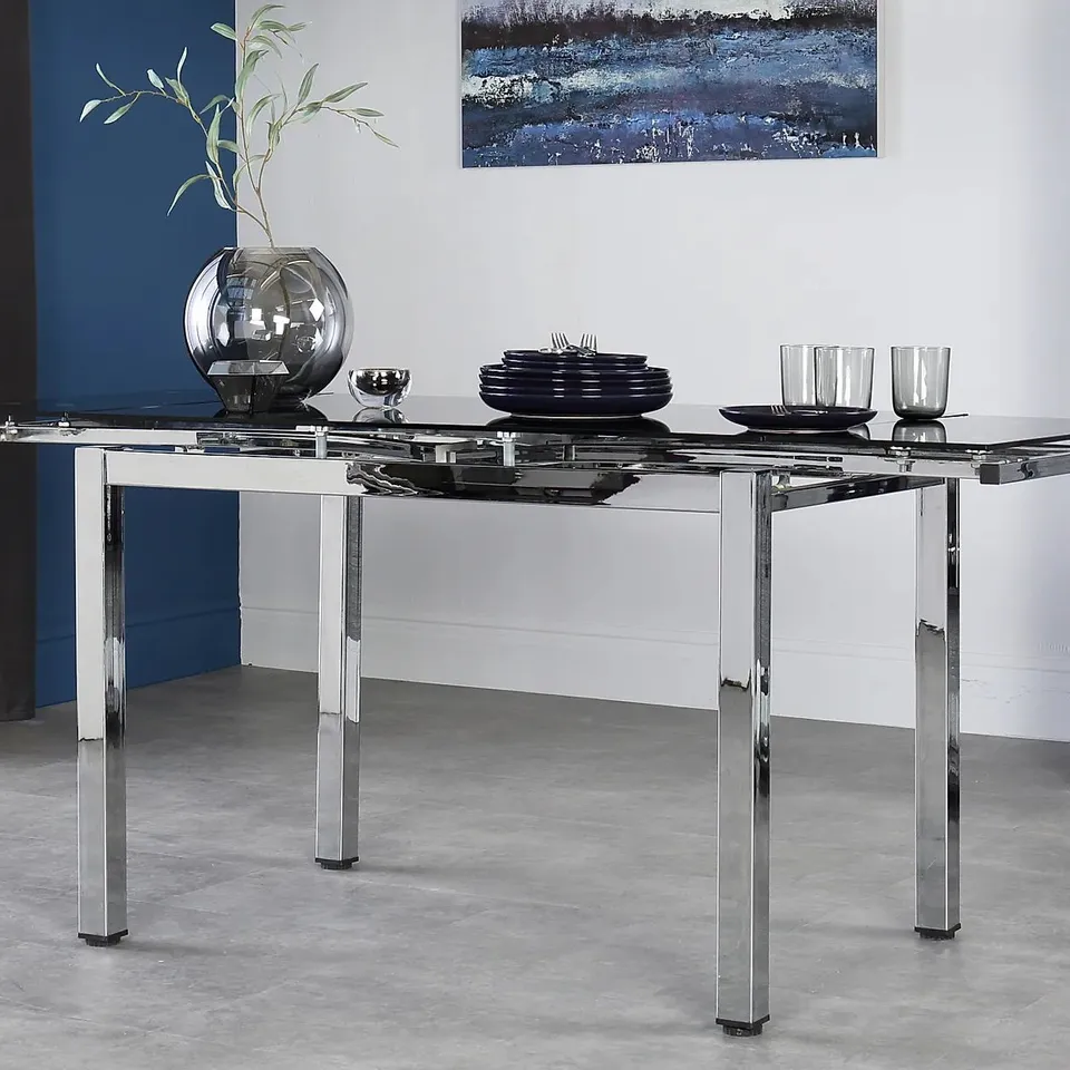 BOXED DESIGNER SPACE CHROME & BLACK GLASS 110-170CM EXTENDING DINING TABLE
