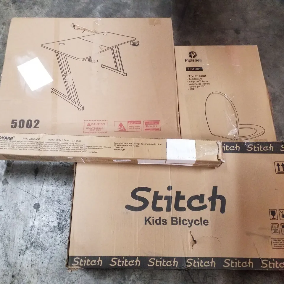 PALLET OF ASSORTED PRODUCTS INCLUDING KIDS BICYCLE, PVC CHAIR MAT, TOILET SEAT, GAMING DESK, OFFICE CHAIR, 6 DRAWER CHEST OF DRAWERS 