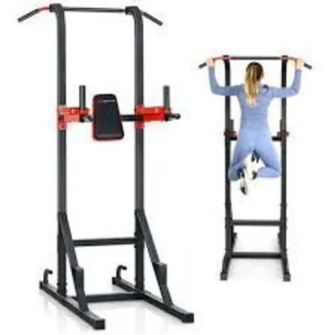 BOXED COSTWAY - MULTI-FUNCTION POWER TOWER PULL UP BAR DIP STAND HOME GYM FULL-BODY WORKOUT - BLACK/RED