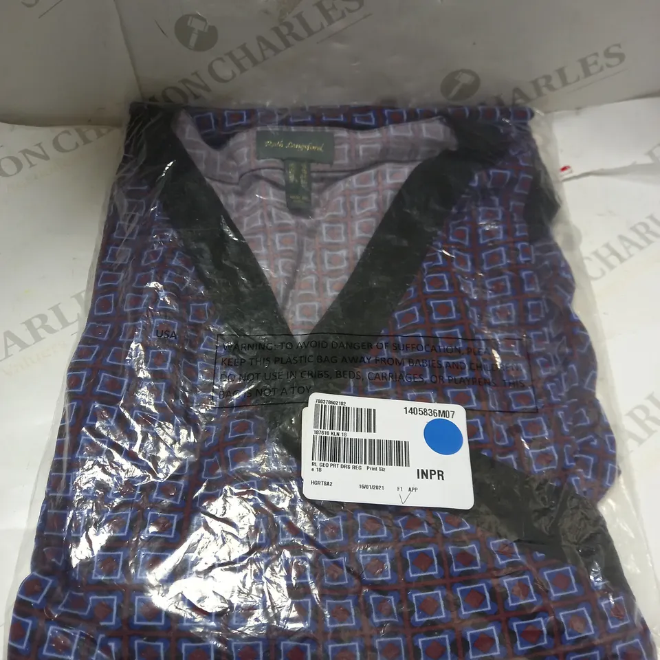 RUTH LANGSFORD GEOMETRIC PRINT DRESS, BLACK/PURPLE/RED - SIZE 18