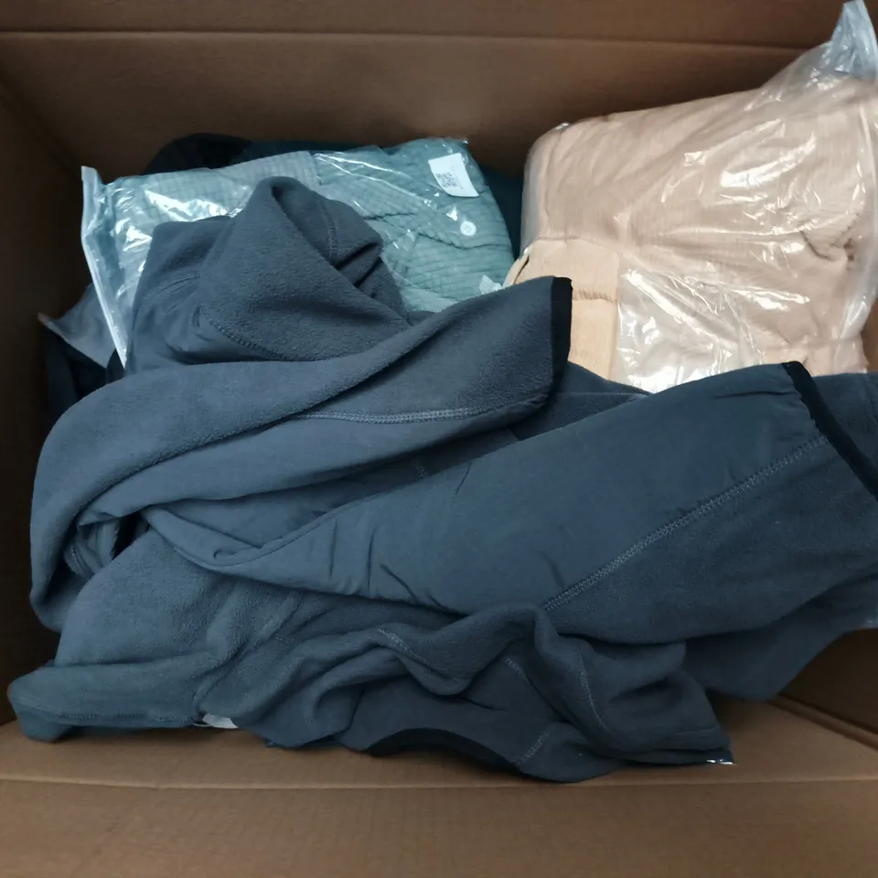 LARGE BOX OF APPROXIMATELY 25 ASSORTED CLOTHING ITEMS IN VARIOUS COLOURS, STYLES AND SIZES - COLLECTION ONLY