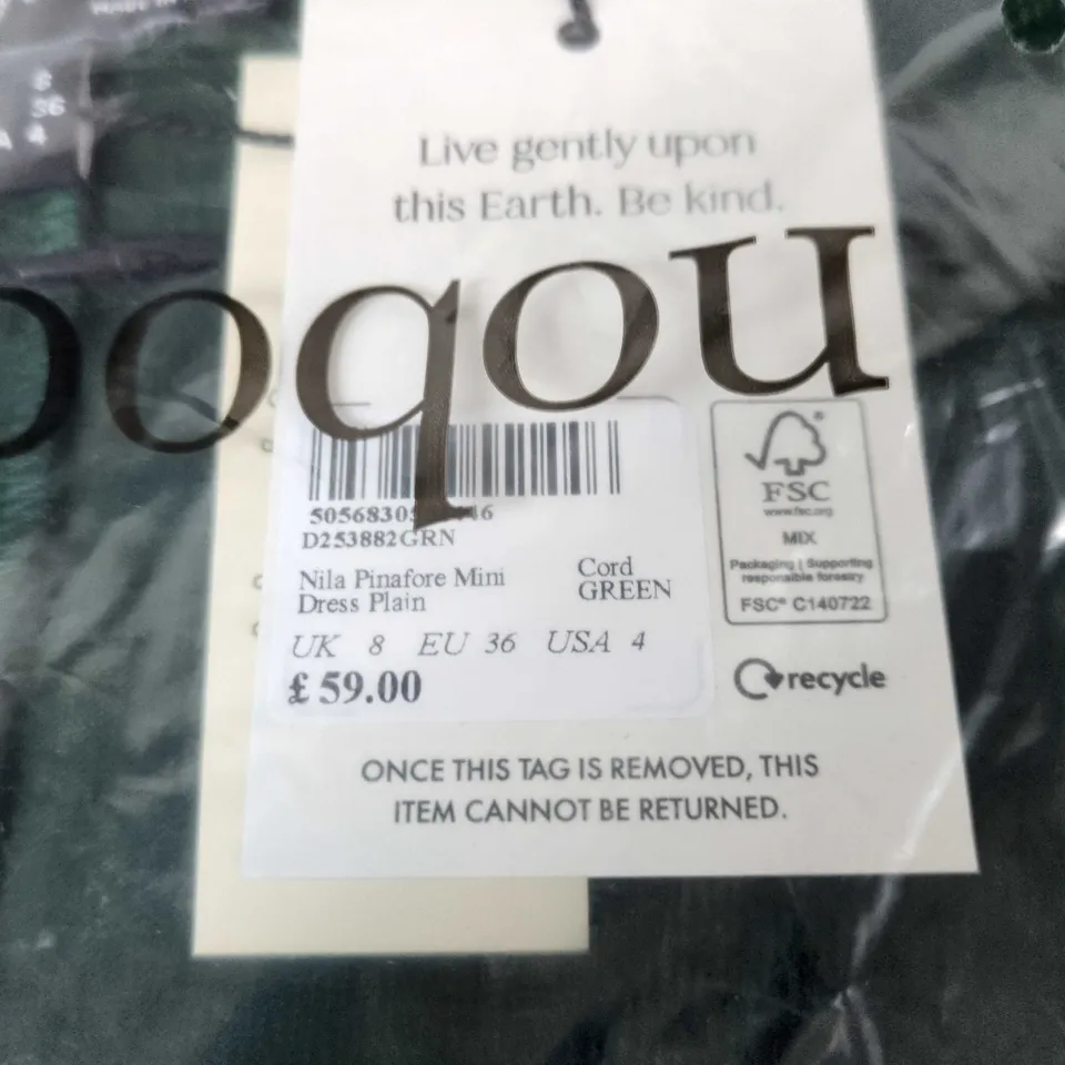 NOBODY'S CHILD NILA PINAFORE MINI DRESS – CORD GREEN, UK 8
