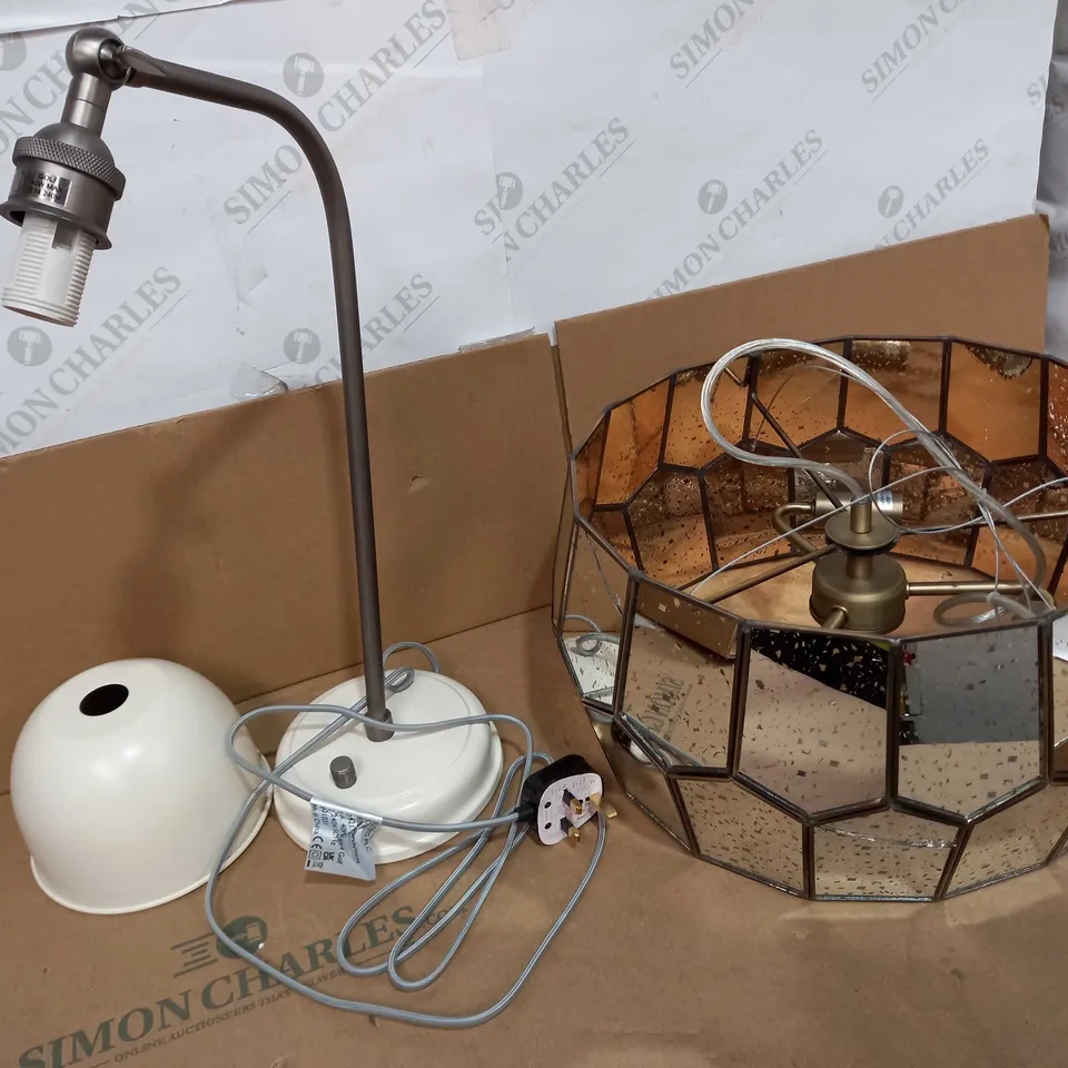 LOT OF 2 JOHN LEWIS BALDWIN ANTIQUE PEWTER FINISH TABLE LAMP & ROMY MERCURISED ANTIQUE BRASS SHALLOW PENDANT 