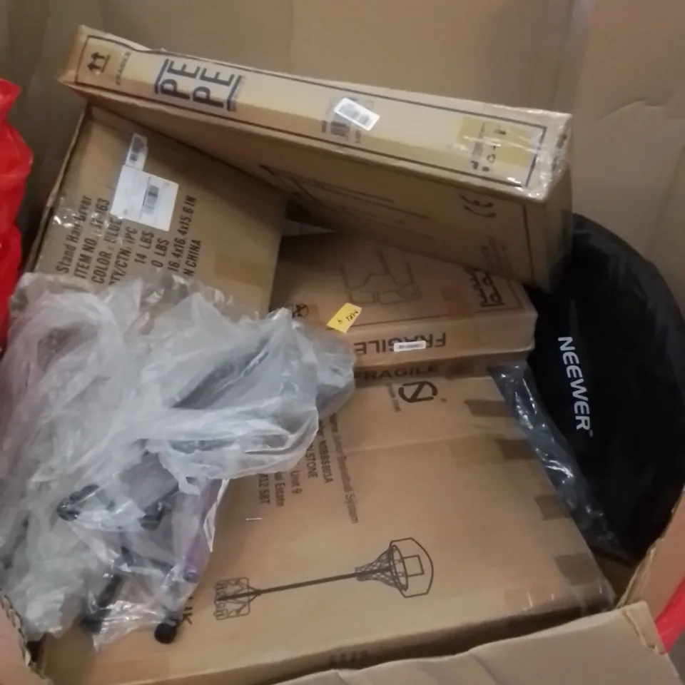 PALLET CONTAINING HOME IMPROVEMENT AND MOBILITY AID PRODUCTS. INCLUDES TV WALL MOUNT, WALKER, CRUTCHES, BASKET BALL HOOP ETC