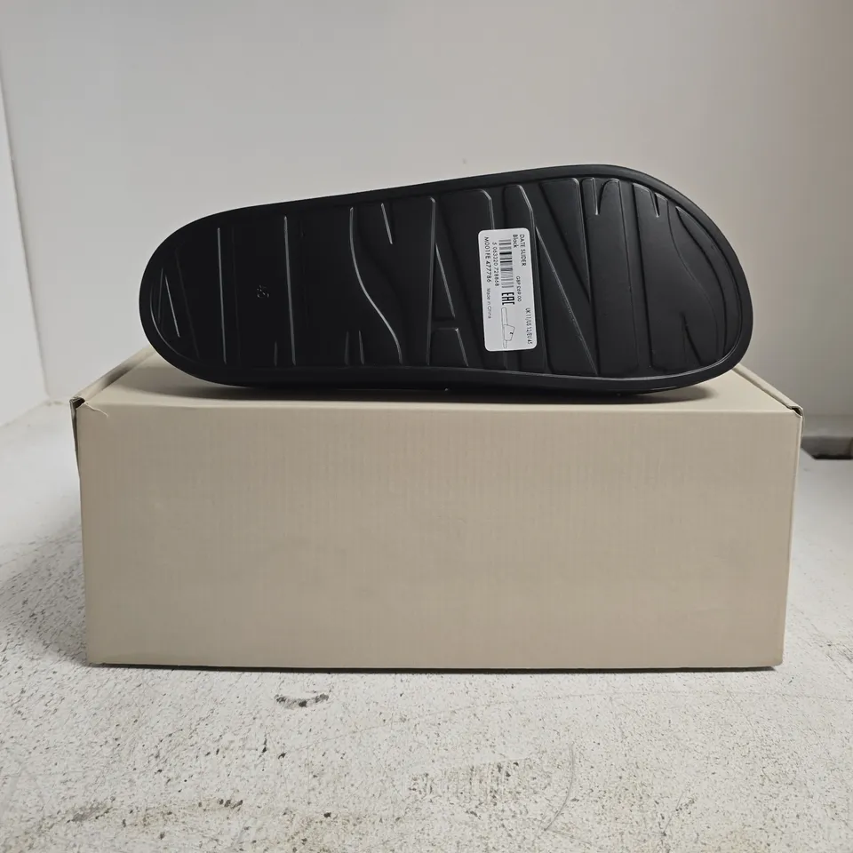 BOXED PAIR OF ALL SAINTS DATE SLIDERS IN BLACK SIZE UK 11