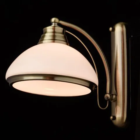 BOXED MILO LIGHTING CLASSIC WALL LIGHT ANTIQUE BRASS AND GLOSSY WHITE GLASS SHADE W20CM X L25CM X