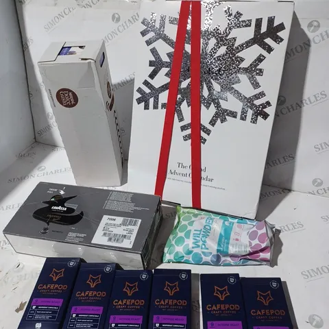 10 ASSORTED ITEMS TO INCLUDE: HOTEL CHOCOLAT ADVENT CALENDAR, CAFEPODS, WILL POWDER ETC
