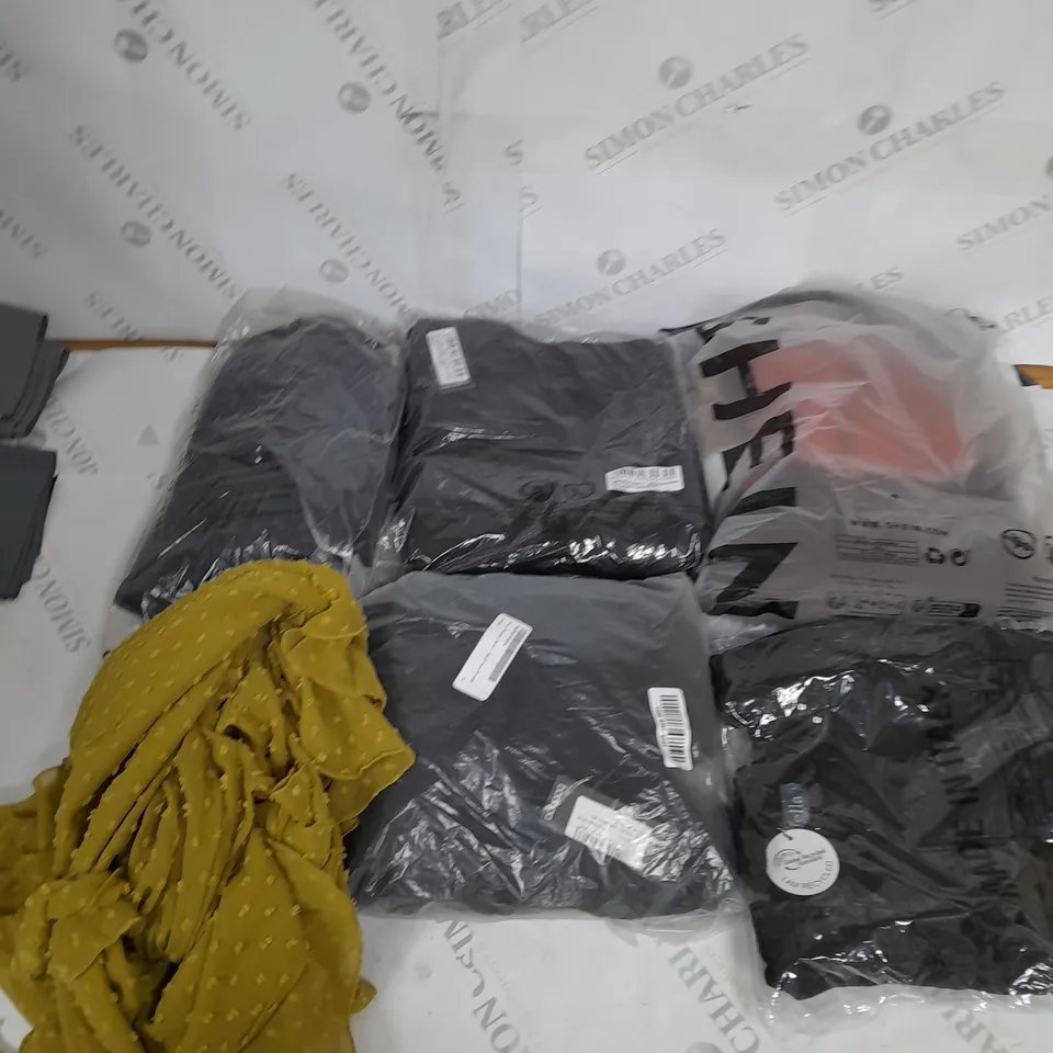 LARGE BOX OF ASSORTED CLOTHING ITEMS IN VARIOUS COLOURS AND SIZES INCLUDING TROUSERS , TOPS AND JUMPERS 