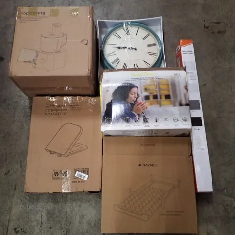 PALLET CONTAINING ASSORTED PRODUCTS INCLUDING MULTIFUNCTIONAL FOOD PROCESSOR, WALL CLOCK, RETRACTABLE SAFETY GATE, HEATED THROW, TOILET SEAT & COFFEE CAPSULE DRAWER