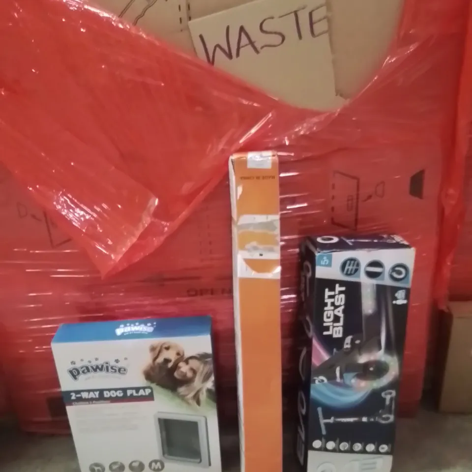 PALLET OF ASSORTED HOUSEHOLD GOODS AND PRODUCTS TO INCLUDE;PET FLAP,RETRACTABLE SAFETY GATE,LED SCOOTER