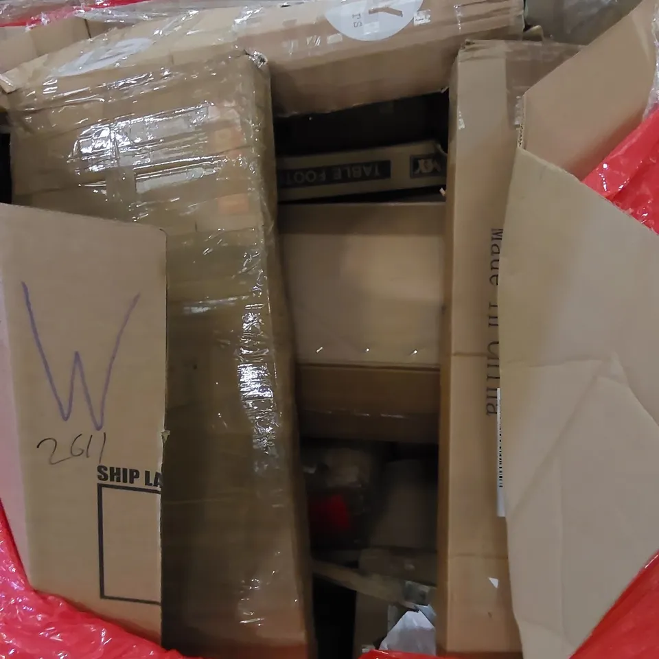 PALLET TO CONTAIN ASSORTED HOUSEHOLD ITEMS AND CONSUMER PRODUCTS. INCLUDING TABLE FOOTBALL, BOXED FURNITURE ETC