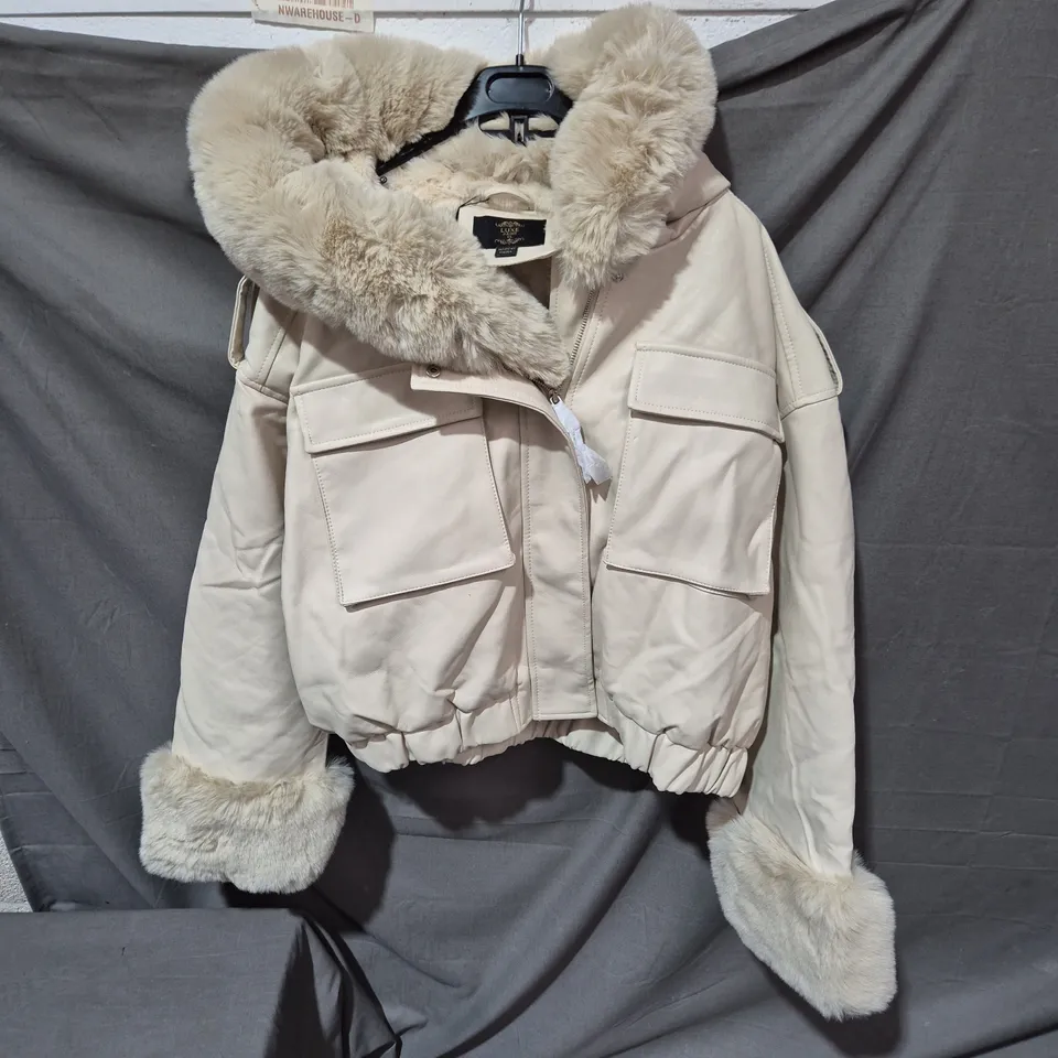 LUXE PARIS WOMEN'S BEIGE FUR-TRIM PARKA JACKET, SIZE XL (TG138)