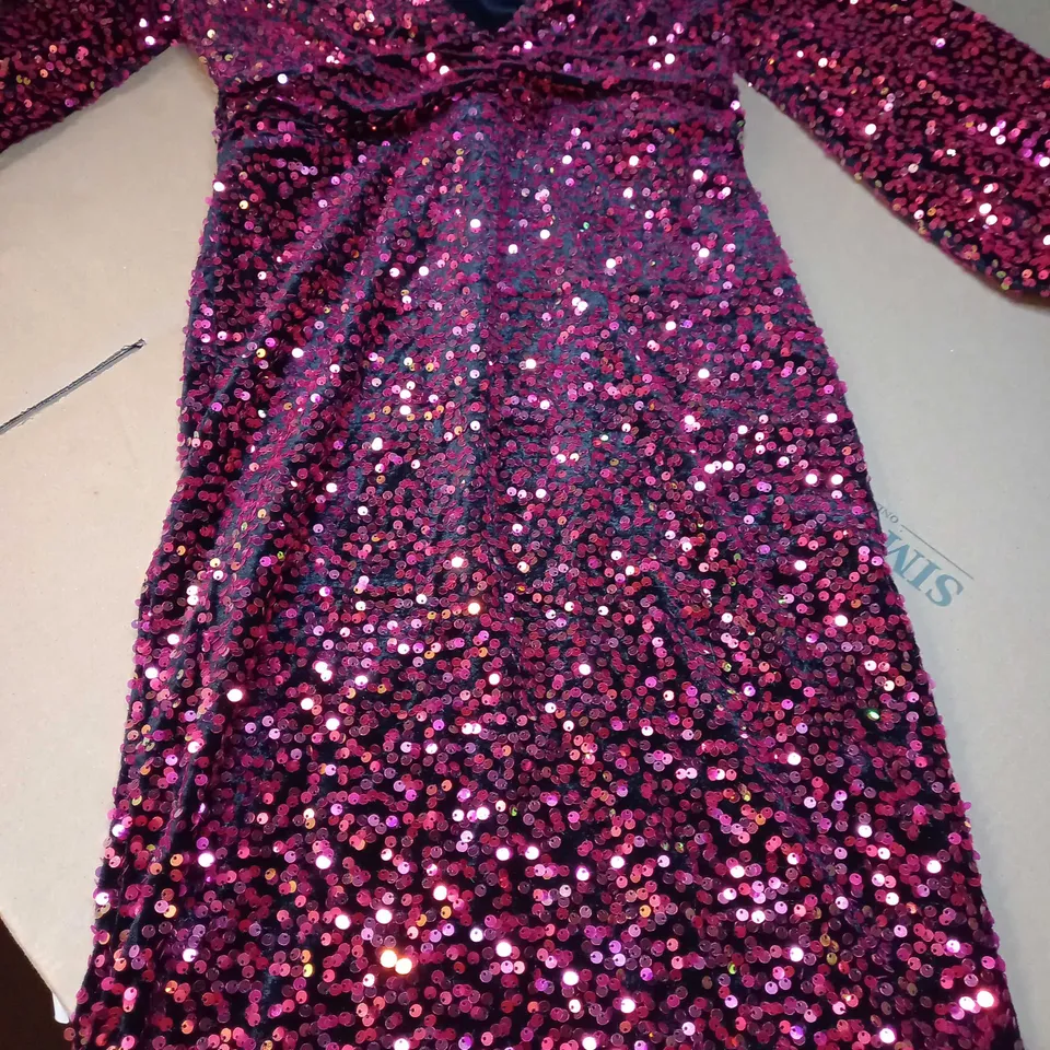 BOOHOO RED SEQUIN BALLOON SLEEVE PLUNGE MIDI DRESS - SIZE 12