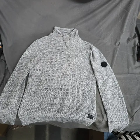 GREY FIRETRAP MARL KNIT PULLOVER WITH STAND-UP COLLAR AND SLEEVE PATCH β MEN'S