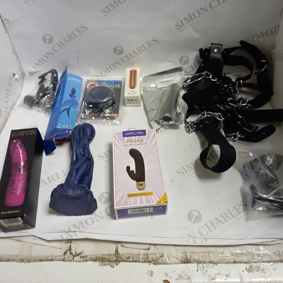 LOT OF APPROX 10 ASSORTED ADULT ITEMS TO INCLUDE FANTASY DILDO, BONDAGE GEAR, VIBRATORS ETC