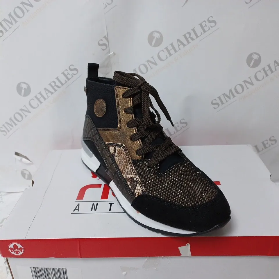 BOXED RIEKER BLACK SNAKE HIGH TOP TRAINERS, BLACK - SIZE 5