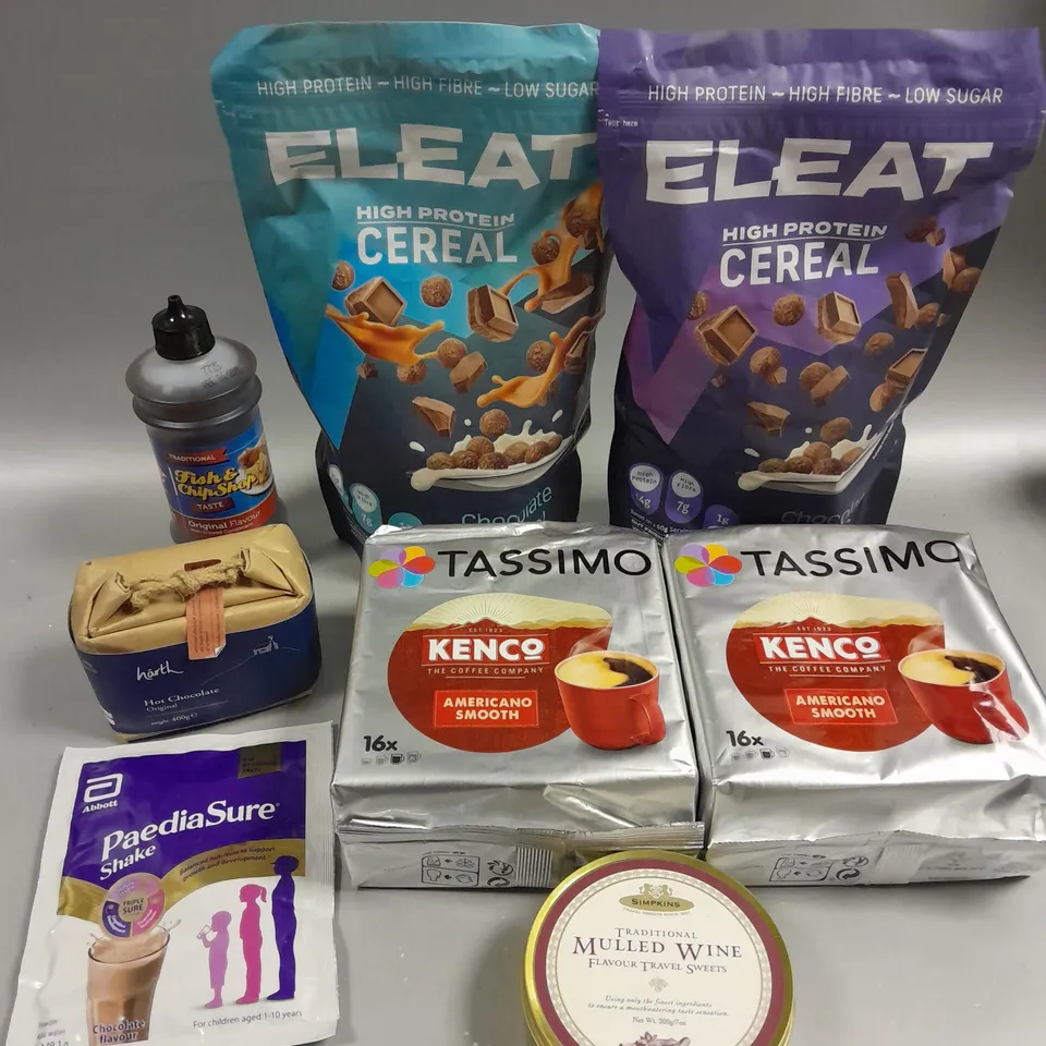 APPROXIMATELY 9 ASSORTED FOOD/DRINK PRODUCTS TO INCLUDE ELEAT CEREAL, TASSIMO AMERICANO SMOOTH, MULLED WINE TRAVEL SWEETS ETC