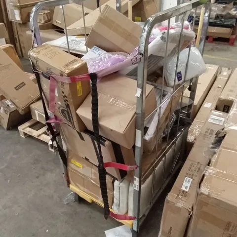 CAGE OF ASSORTED HOUSEHOLD GOODS AND PRODUCTS TO INCLUDE; CURTAINS, BEDDING, TV WALL MOUNT ETC - CAGE NOT INCLUDED