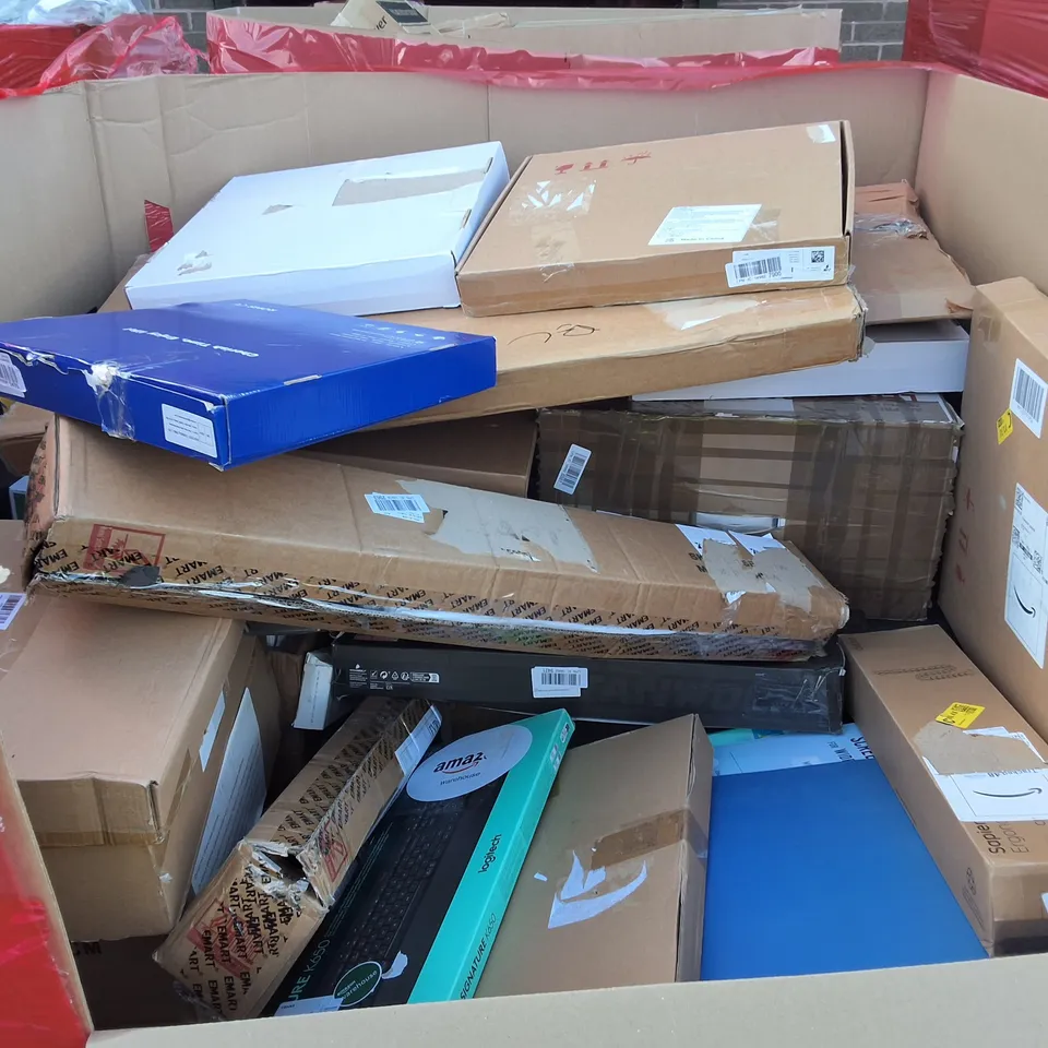 PALLET OF ASSORTED HOUSEHOLD ITEMS TO INCLUDE 39" STORAGE CABINET,VINYL VUTTER AND VARIOUS KEYBOARDS INCLUDING CHERRY