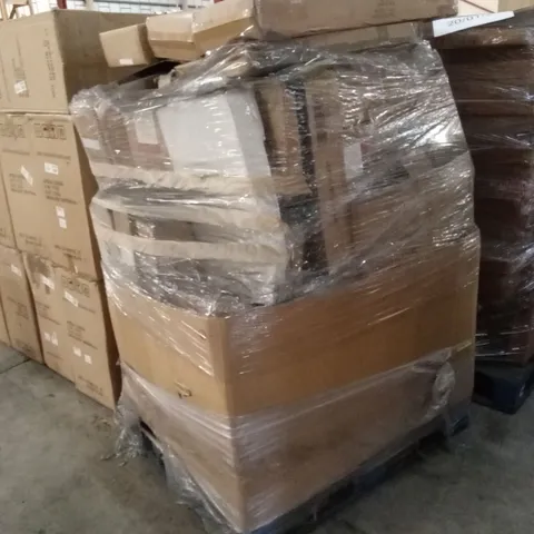 PALLET OF ASSORTED HOUSEHOLD GOODS AND PRODUCTS TO INCLUDE; COAT HANGERS, DISPLAY STAND, BOXED FLATPACK FURNITURE ETC