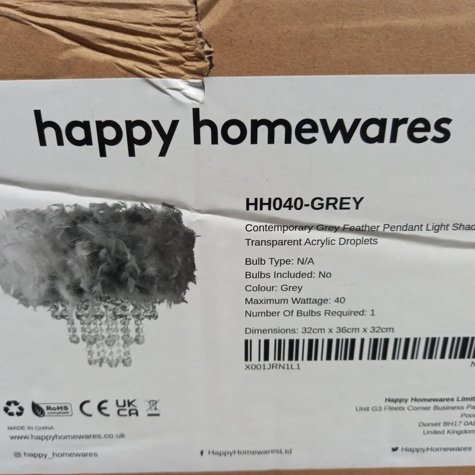 BOXED HAPPY HOMEWARES GREY FEATHER PENDANT LIGHT SHADE WITH ACRYLIC DROPLETS