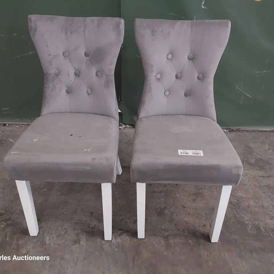 PAIR OF UPHOLSTERED BUTTONED BACK DINING CHAIRS GREY PLUSH FABRIC ON WHITE PAINTED LEGS 
