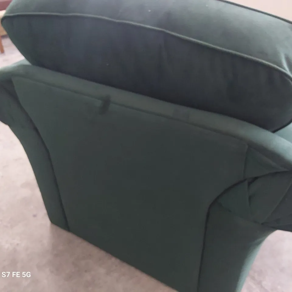 DESIGNER SCROLL ARM EASY CHAIR PLUSH GREEN FABRIC 