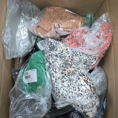 LARGE BOX OF ASSORTED CLOTHING ITEMS IN VARIOUS COLOURS, SIZES AND STYLES