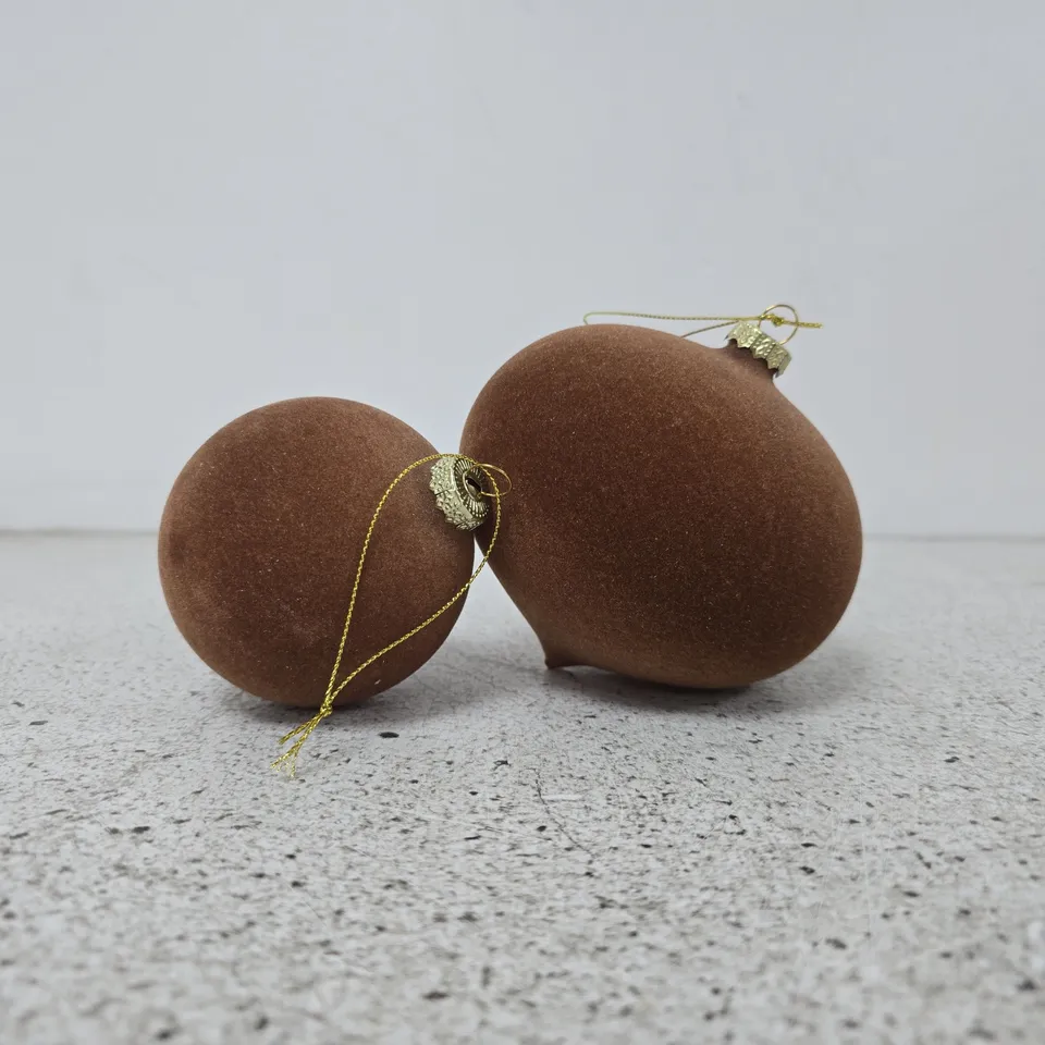 BOXED SET OF 4 BROWN FLOCKED BAUBLES