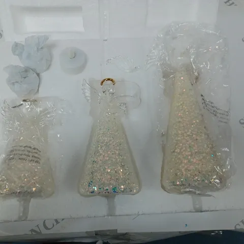 BOXED HOME REFLECTIONS SET OF 3 PRE-LIT GLASS ANGEL CANDLE HOLDERS