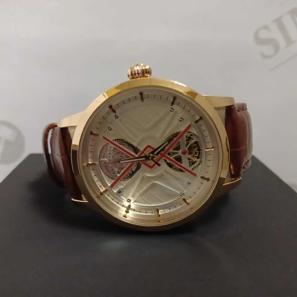 MENS VONLANTHEN AUTOMATIC WATCH – SILVER AND RED TEXTURED DIAL – ROSE GOLD COLOUR CASE - GLASS EXHIBITION BACKCASE – BLACK LEATHER STRAP