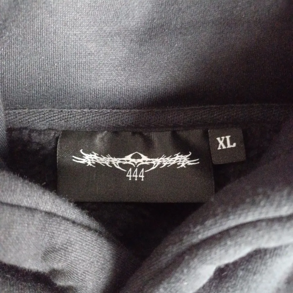 444 BLACK HOODIE – WHITE GRAPHIC PRINTS, SIZE XL