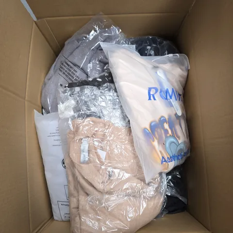 LARGE BOX OF APPROXIMATELY 20 ASSORTED CLOTHING ITEMS IN VARIOUS SIZES, STYLES AND COLOUR