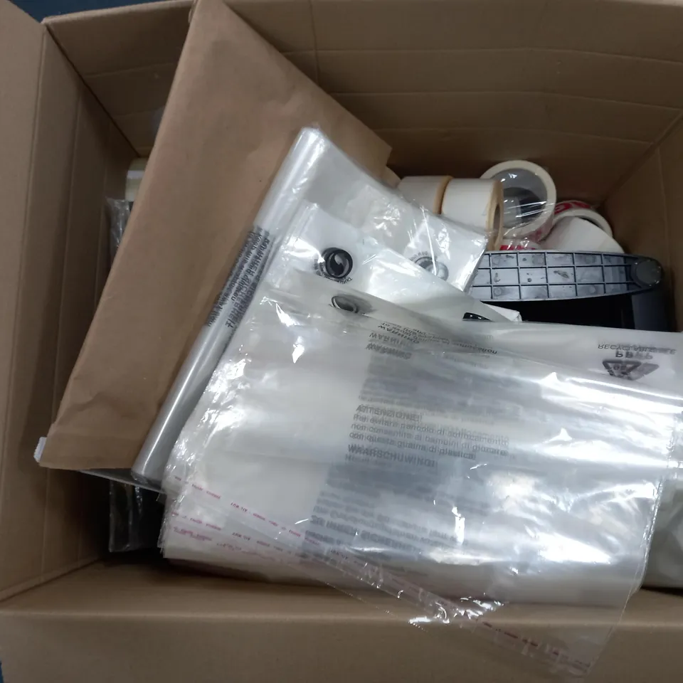 LARGE BOX OF ASSORTED OFFICE EQUIPMENT TOO INCLUDE STORAGE CONTAINERS , PAPER CLIPS, ETC