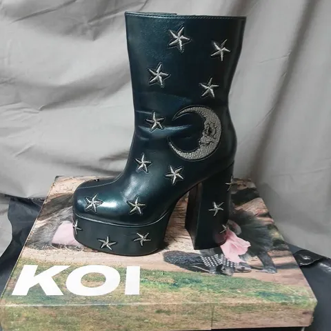 KOI DREAMS OF MOONCRAFT TEAL HEELED BOOTS IN BLACK- UK 5