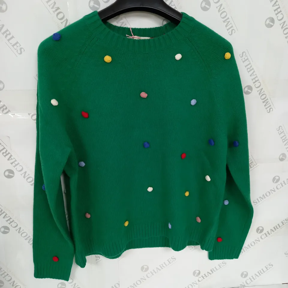 BODEN POMPOM KNITTED JUMPER IN GREEN SIZE L