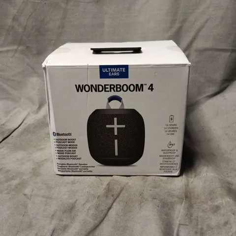 ULTIMATE EARS WONDERBOOM 4 PORTABLE BLUETOOTH SPEAKER – GREY FABRIC WITH YELLOW ACCENTS (BOXED)
