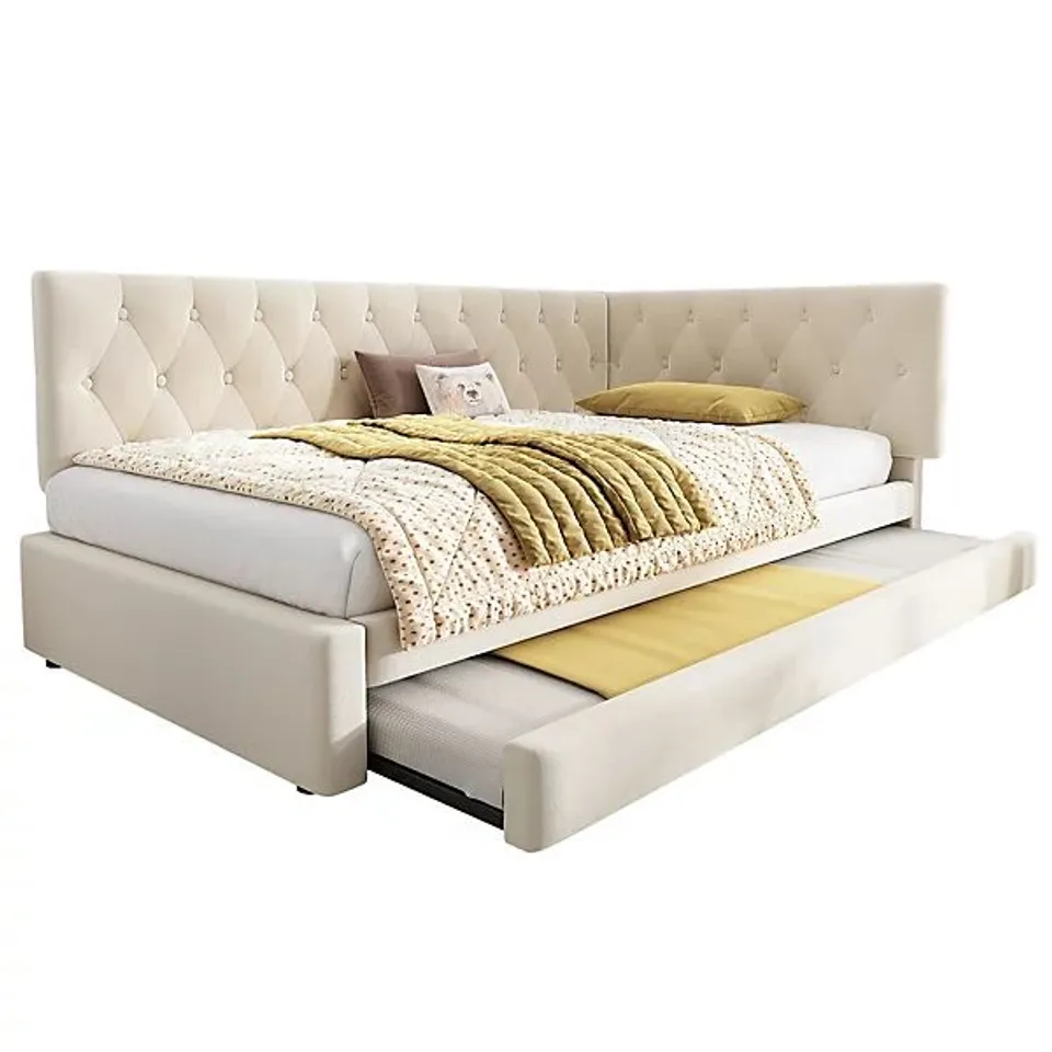 BOXED BTM 3FT SINGLE DAYBED 90X190CM, PULL OUT TRUNDLE BED FOR ADULTS KIDS, OTTOMAN BED WITH SLATTED FRAME, VELVET, BEIGE