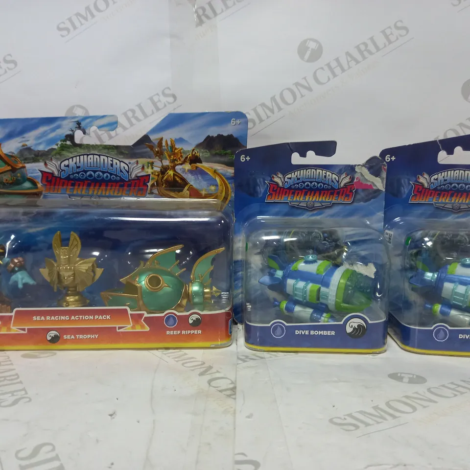 LOT OF ACTIVISION SKYLANDERS SUPERCHARGERS FIGURES TO INCLUDE SEA RACING ACTION PACK AND 2 DIVE BOMBERS FIGURES