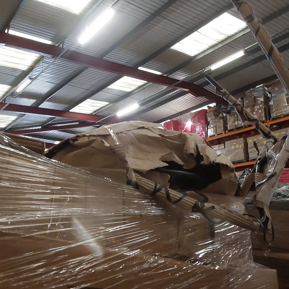 PALLET CONTAINING A LARGE ASSORTMENT OF CONSUMER PRODUCTS INCLUDING: INTELLIGENT FAN LIGHT, SINGLE STAR SINK WITH COUNTERTOP BOTTOM FRAME, PERGOLA, CHAIR PARTS ECT