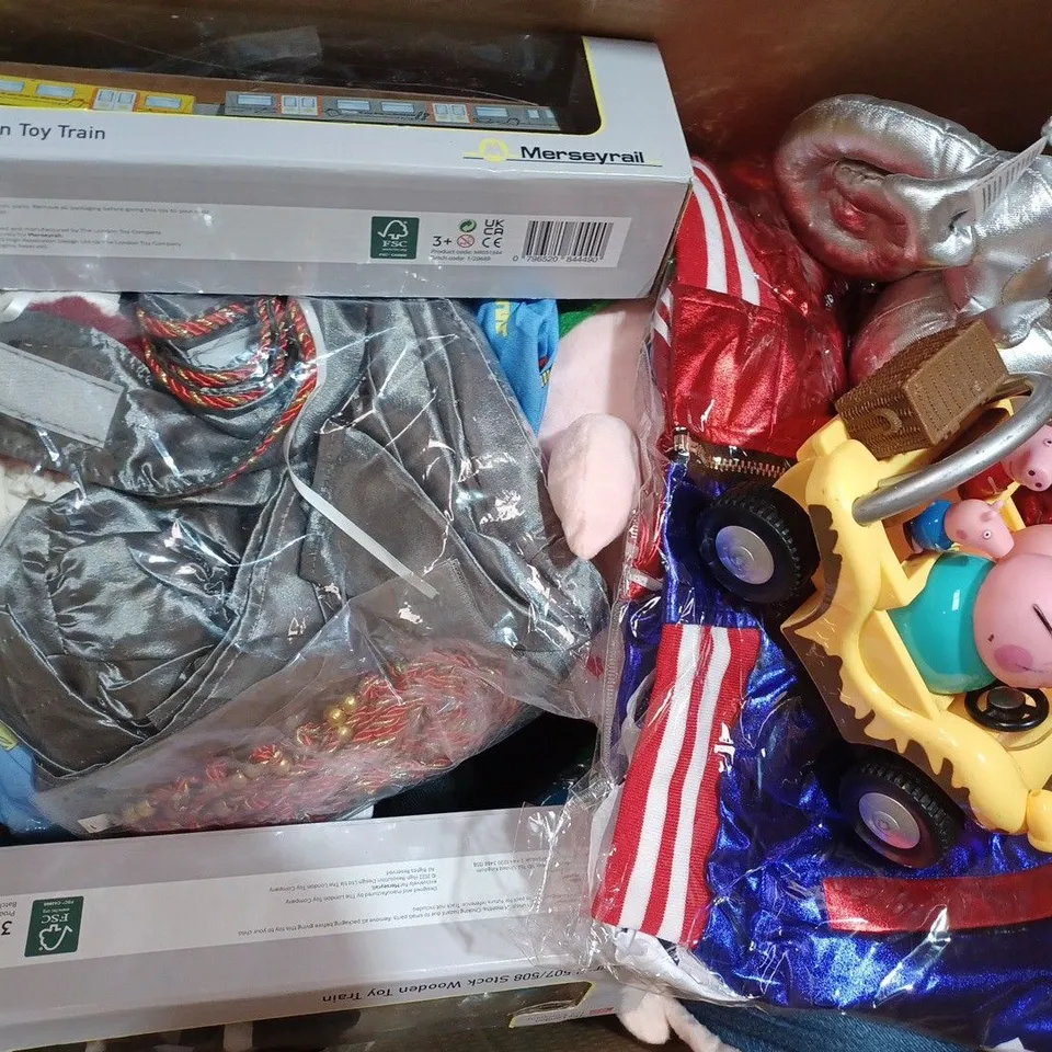 BOX OF APPROXIMATELY 20 ASSORTED TOYS AND GAMES TO INCLUDE MERSEYRAIL 507/508 WOODEN TOY TRAIN, DIYAMOND PAINTING, ETC