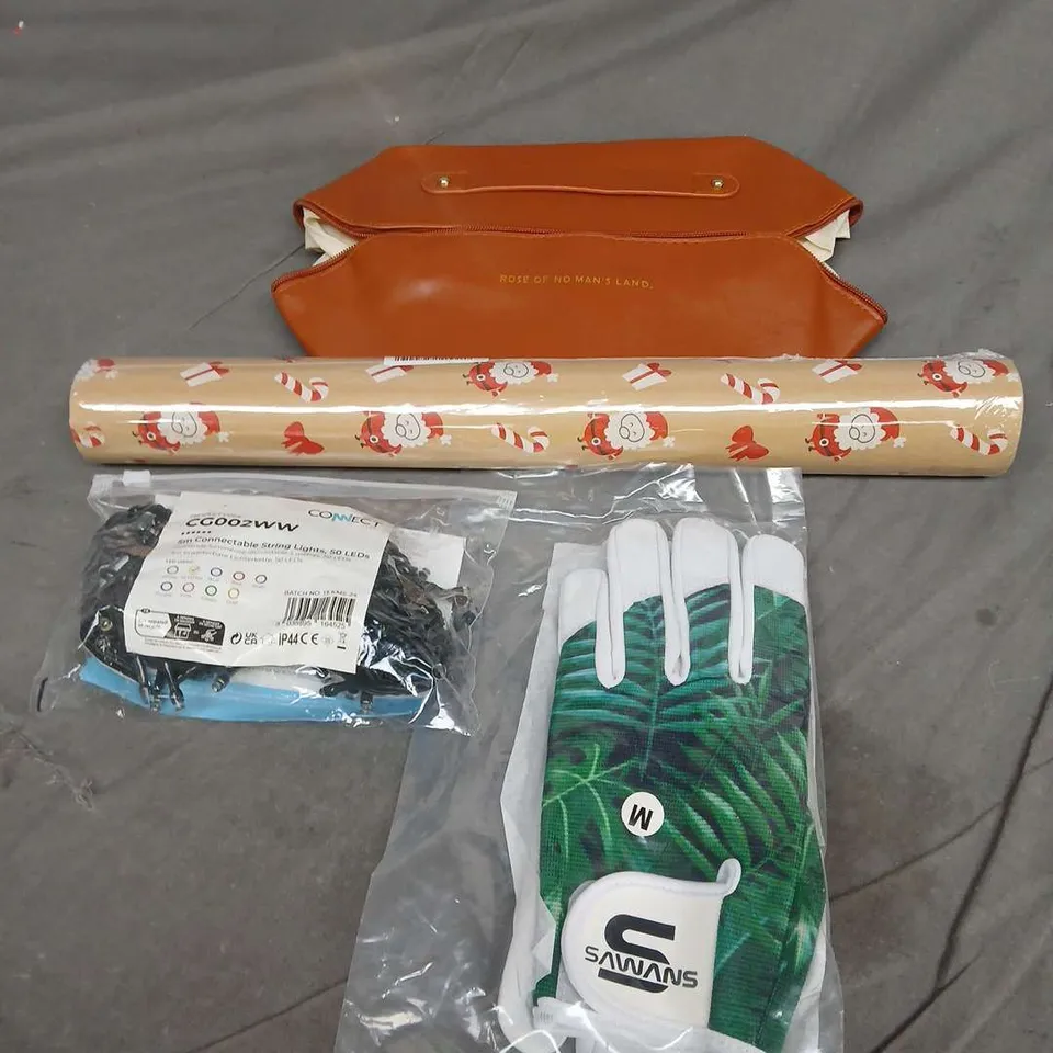 APPROXIMATELY 20 HOUSEHOLD ITEMS TO INCLUDE GLOVES, STRING LIGHTS AND WASH BAG